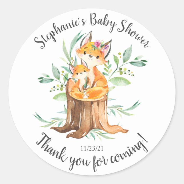 Adorable Mama & Baby Fox Babydusche Gefallen Runder Aufkleber (Vorderseite)