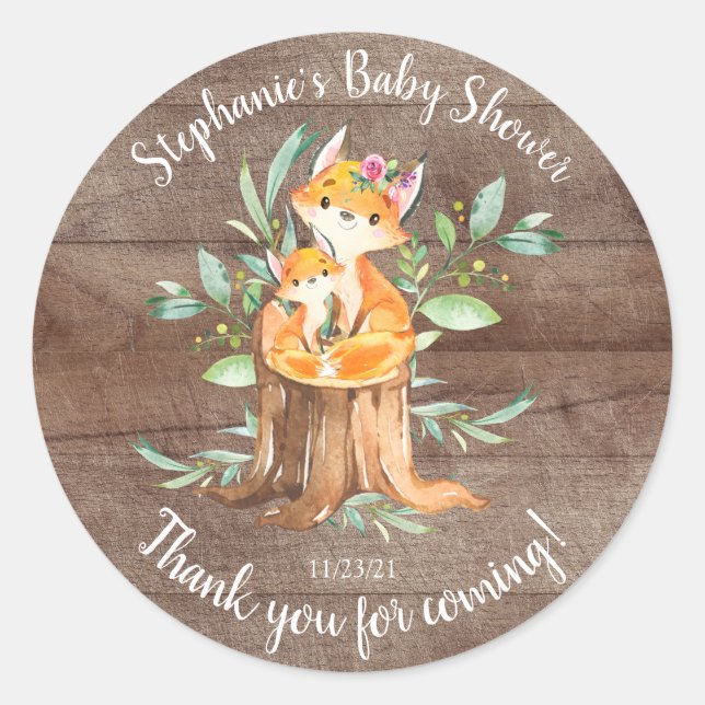 Adorable Mama & Baby Fox Babydusche Gefallen Runder Aufkleber (Vorderseite)