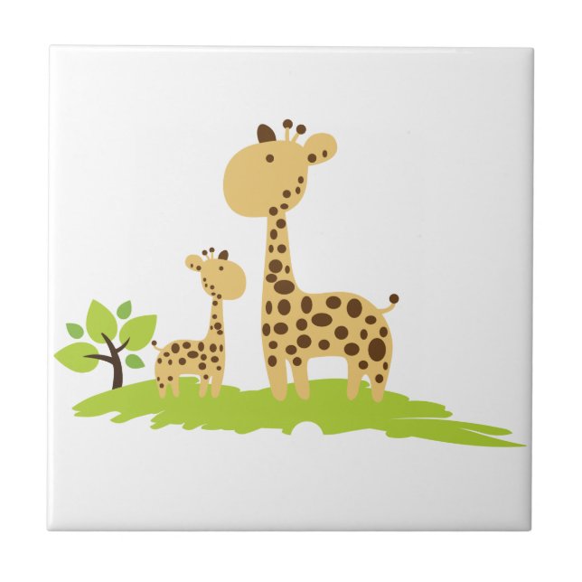 Adorable Mama & Baby Giraffe Grün & Gelb Fliese (Vorderseite)