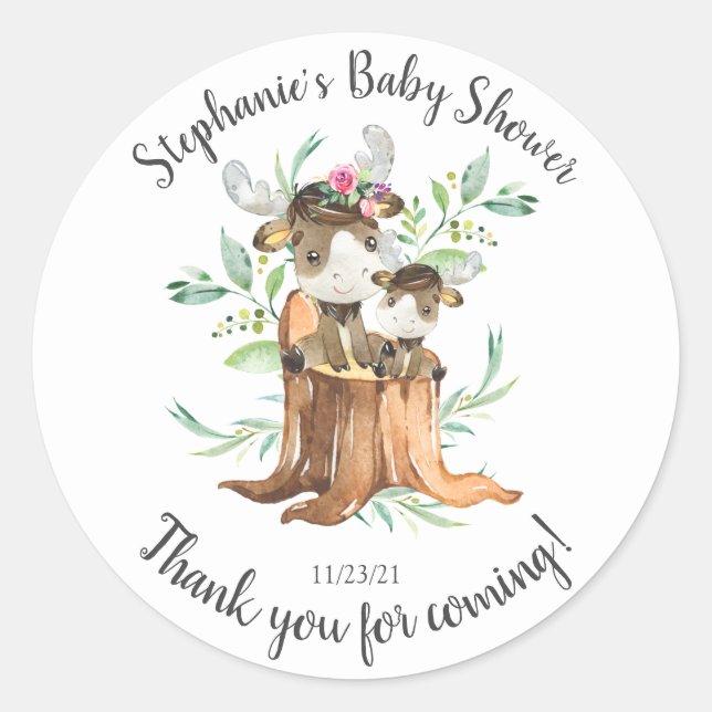 Adorable Mama & Baby Moose Baby Dusche Gefallen Runder Aufkleber (Vorderseite)