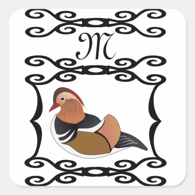 Adorable Mandarin Duck Cartoon Monogram Quadratischer Aufkleber (Vorderseite)