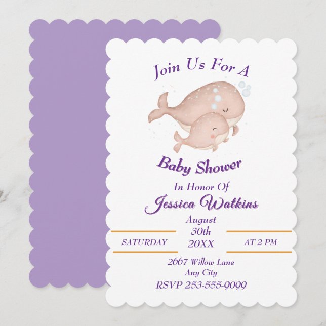 Adorable Mère Bébé Baleines Baby shower Invitation (Devant / Derrière)
