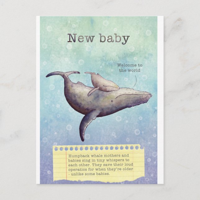 Adorable mère et baleine. Nouvelle carte bébé. (Devant)