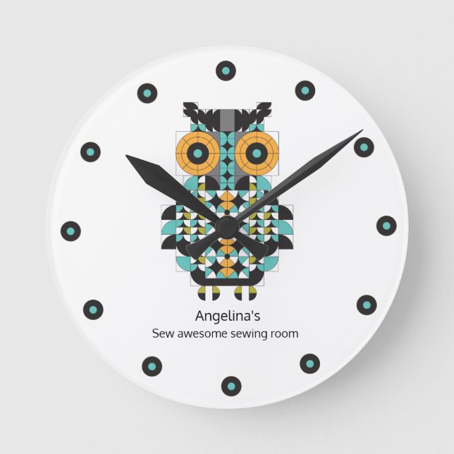 Adorable moderne Owl Quilt Muster Wall Uhr (Vorderseite)