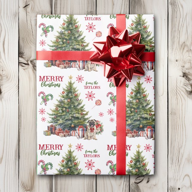 Adorable Mops Dog Red Bow Holiday Tree Geschenkpapier (Von Creator hochgeladen)