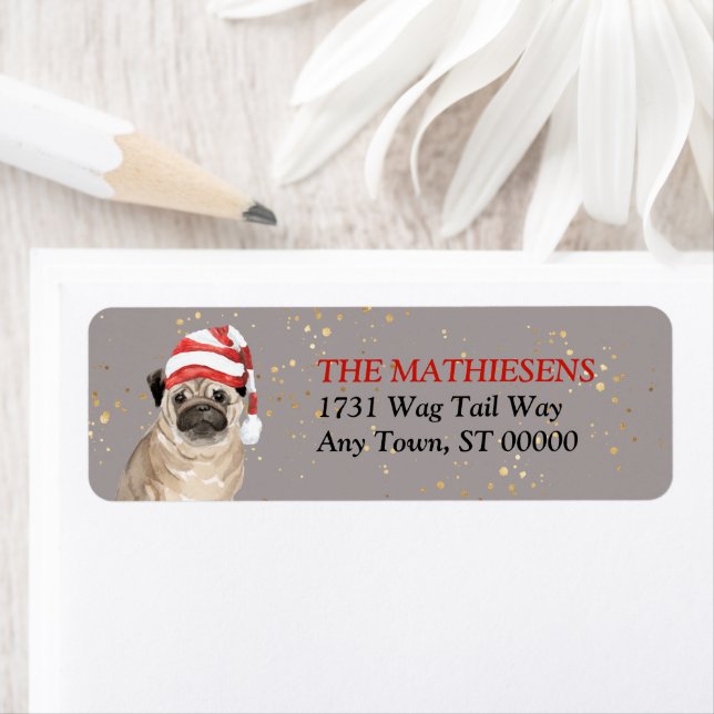 Adorable Mops Hunde-Weihnachtsmannmütze-Adressetik (Insitu)