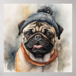 Adorable Mops mit niedlicher Mütze Poster