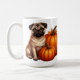 Adorable Mops neben Pumpkins und Blätter sitzen Kaffeetasse
