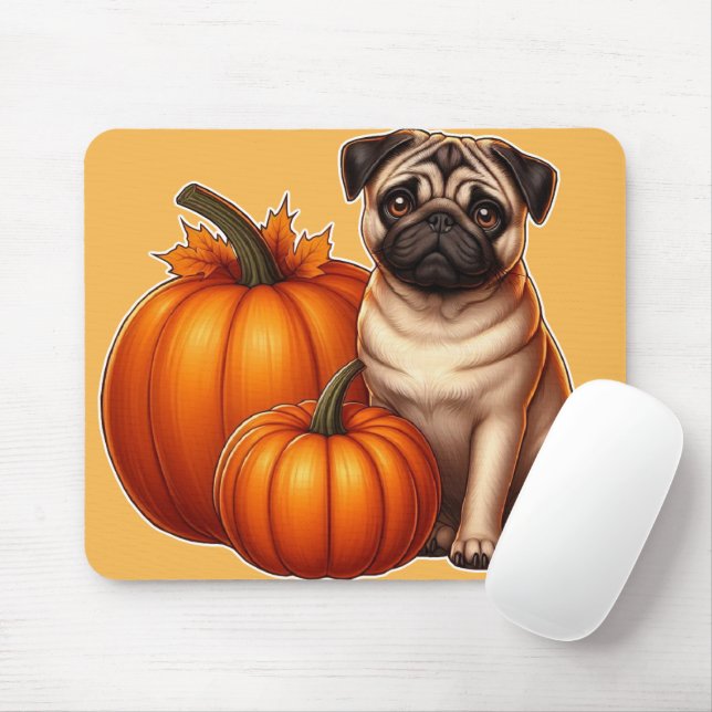 Adorable Mops neben Pumpkins und Blätter sitzen Mousepad (Mit Mouse)
