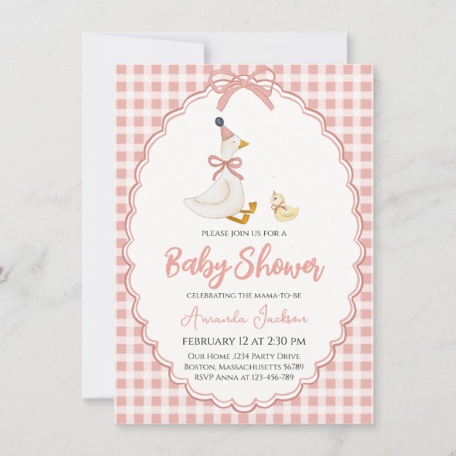 Adorable Mother Goose & Gosling Pink Baby Dusche Einladung (Vorderseite)