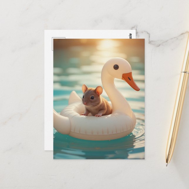 Adorable Mouse Floating on a Swan Float Postkarte (Vorderseite/Rückseite Beispiel)