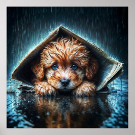 Adorable nasse Welpe unter Zeitungshütte Poster