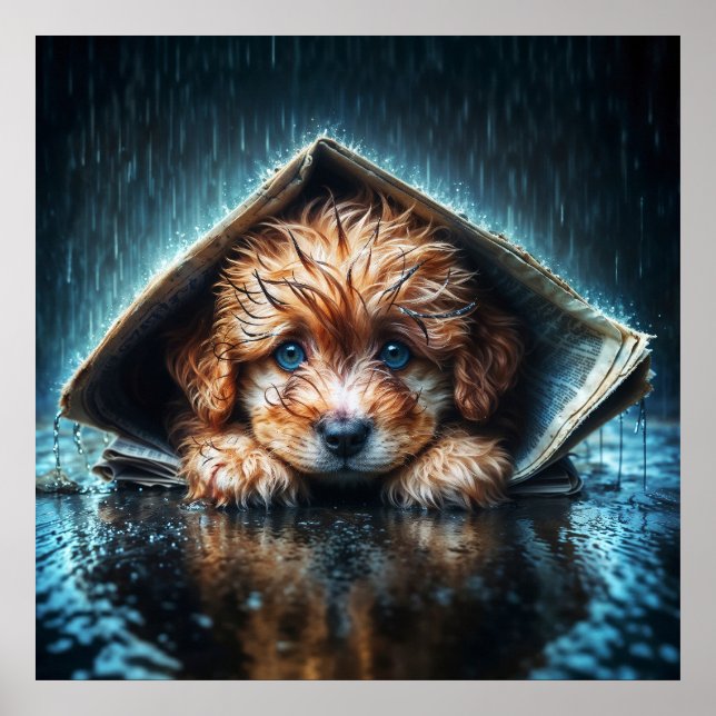 Adorable nasse Welpe unter Zeitungshütte Poster (Vorne)