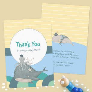 Adorable Nautical Whale Octopus Yellow Baby Dusche Dankeskarte