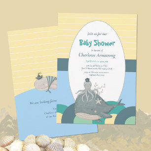 Adorable Nautical Whale Octopus Yellow Baby Dusche Einladung