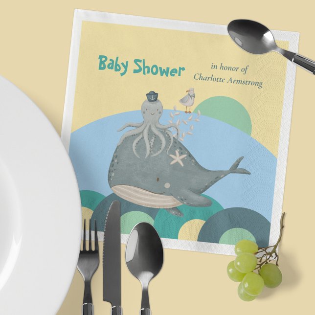 Adorable Nautical Whale Tintenfisch Yellow Baby Du Serviette (Adorable Nautical Whale Squid Yellow Baby Shower Napkins ©Susanne Sachers - Sunny Mind Design 🌞)