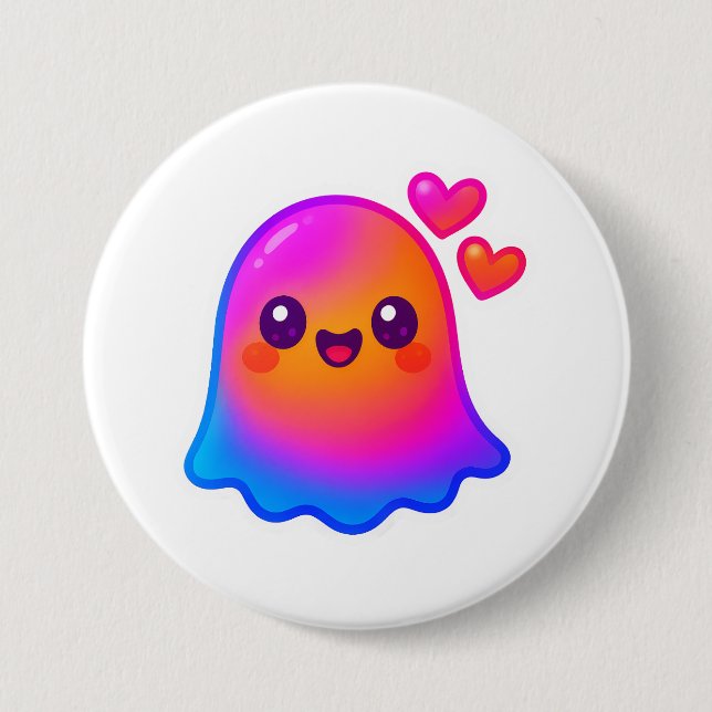 Adorable Neon Kawaii Ghost mit Gradient Glow und Button (Vorderseite)