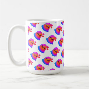 Adorable Neon Kawaii Ghost mit Gradient Glow und Kaffeetasse