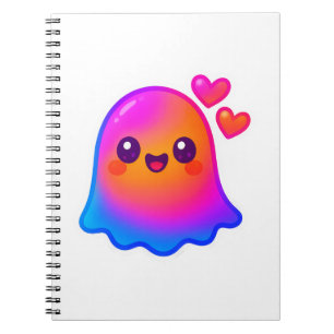 Adorable Neon Kawaii Ghost mit Gradient Glow und Notizblock