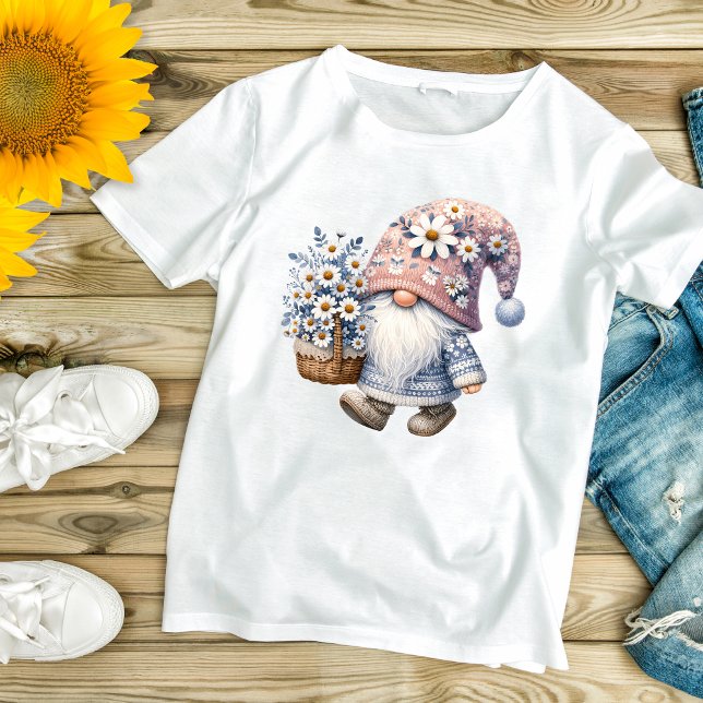 Adorable Niedlich Daisy Blume Genome Women's T-Shirt (Daisy Flowers Gnome Women's T-shirt in Gray and White.)