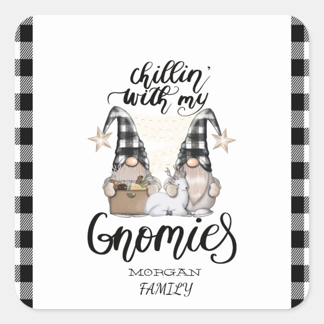 Adorable Niedlich Gnomes Black Buffalo Kariert Quadratischer Aufkleber (Vorderseite)