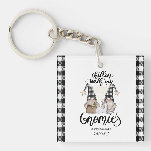 Adorable Niedlich Gnomes Black Buffalo Kariert Schlüsselanhänger (Vorderseite)