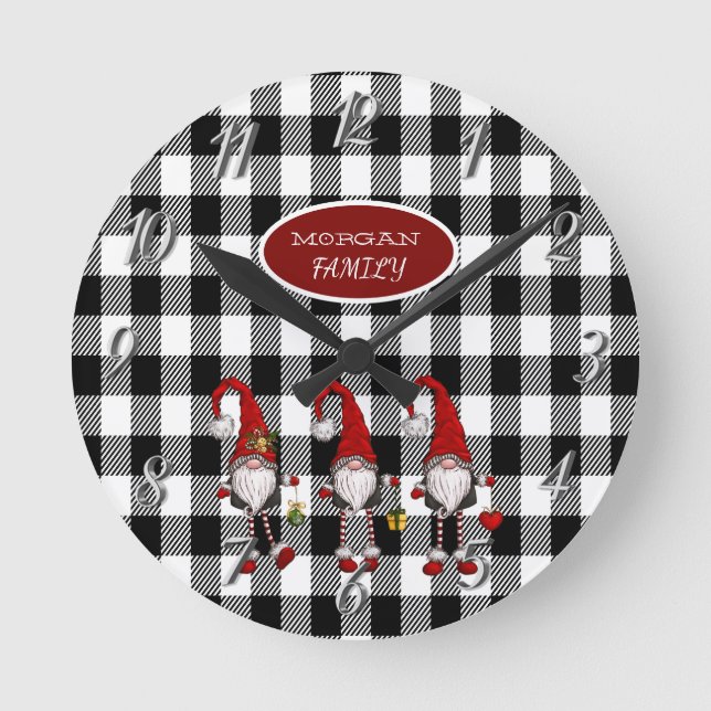 Adorable Niedlich Gnomes Buffalo Kariert Runde Wanduhr (Vorderseite)