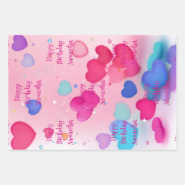 Adorable Niedlich Pink Girly Hearts Happy Birthday Geschenkpapier Set