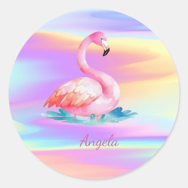 Adorable Niedlich rosa Flamingos Holographisch Runder Aufkleber (Vorderseite)