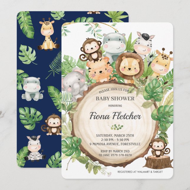 Adorable Niedliche Jungle Animals Greenery Babydus Einladung (Vorne/Hinten)