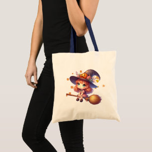 Adorable Niedliche Rotzunge mit Besen, Halloween Tragetasche