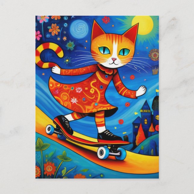 Adorable Orange Kitty in einem Kleid Skateboarding Postkarte (Vorderseite)