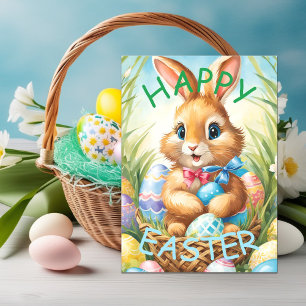Adorable Osterhase im Körbchen mit Eiern Feiertagskarte