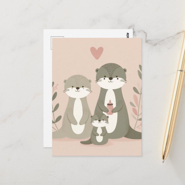 Adorable Otter Boho Mama Vater und Baby Pink Postkarte (Vorderseite/Rückseite Beispiel)