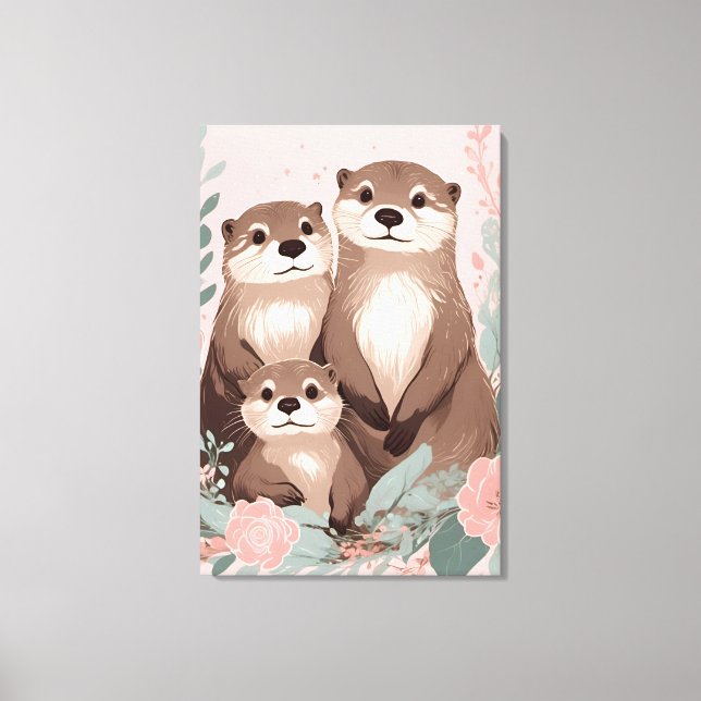 Adorable Otter Boho Pink Rose Mama Vater und Baby Leinwanddruck (Vorderseite)