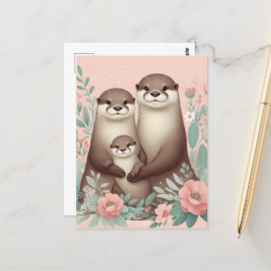Adorable Otter Boho Pink Rose Mama Vater und Baby Postkarte