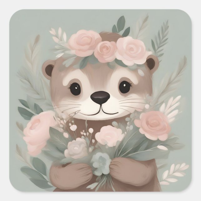 Adorable Otter Boho Wasserfarbe Quadratischer Aufkleber (Vorderseite)