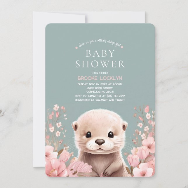 Adorable Otter Girl Kinderdusche mit rosa Blume Einladung (Vorderseite)