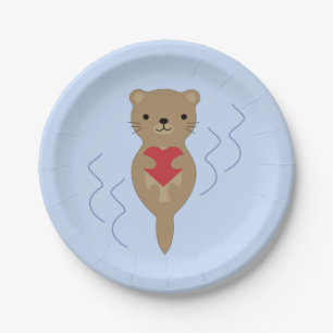 Adorable Otter umarmt ein Herz Pappteller