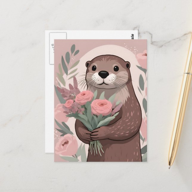 Adorable Otter With Flowers Postkarte (Vorderseite/Rückseite Beispiel)