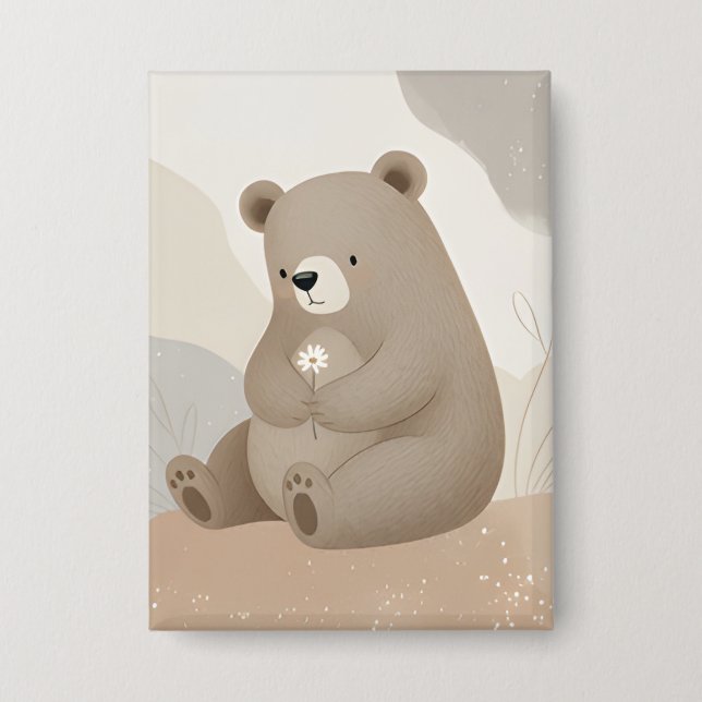 Adorable Ours Brun à la Marguerite - Aquarelle Button (Vorderseite)