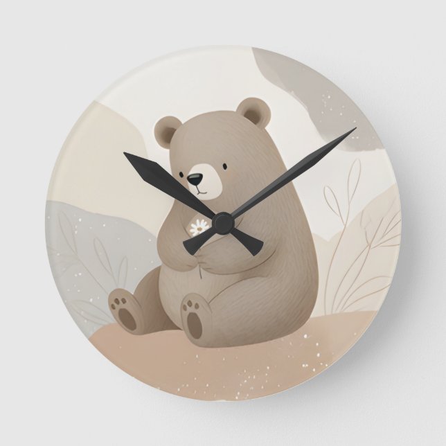 Adorable Ours Brun à la Marguerite - Aquarelle Runde Wanduhr (Vorderseite)