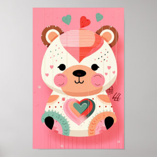 Adorable Ours en peluche avec Coeurs Poster en pép