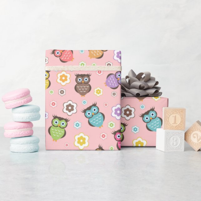 Adorable Owl and Floral Design Geschenkpapier (Babyparty)