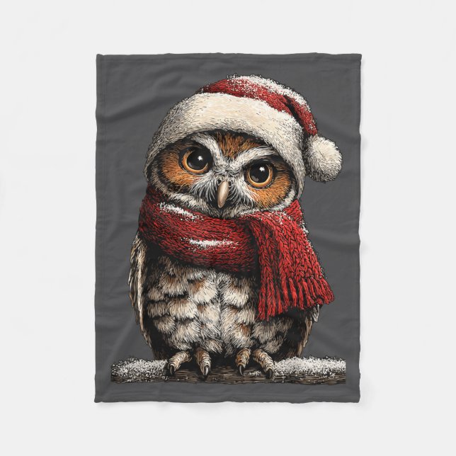 Adorable Owl With Santa Hat Snowy Winter Christmas Fleecedecke (Vorderseite)