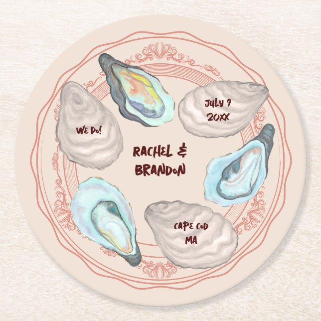 Adorable Oyster Roast "Plate" Coastal Wedding Runder Pappuntersetzer (Vorderseite)