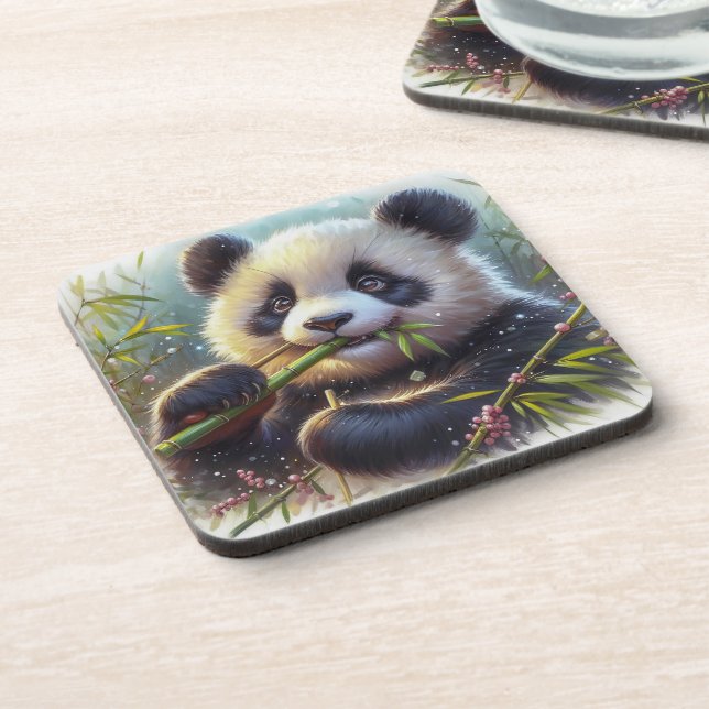 Adorable Panda Bären essen Bambus Getränkeuntersetzer (Linke Seite)