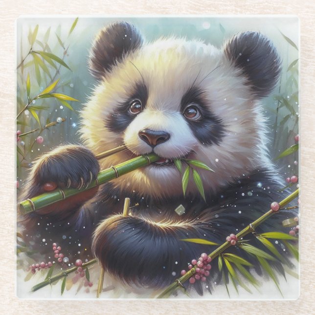 Adorable Panda Bären essen Bambus Glasuntersetzer (Vorderseite)