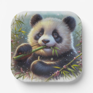 Adorable Panda Bären essen Bambus Pappteller