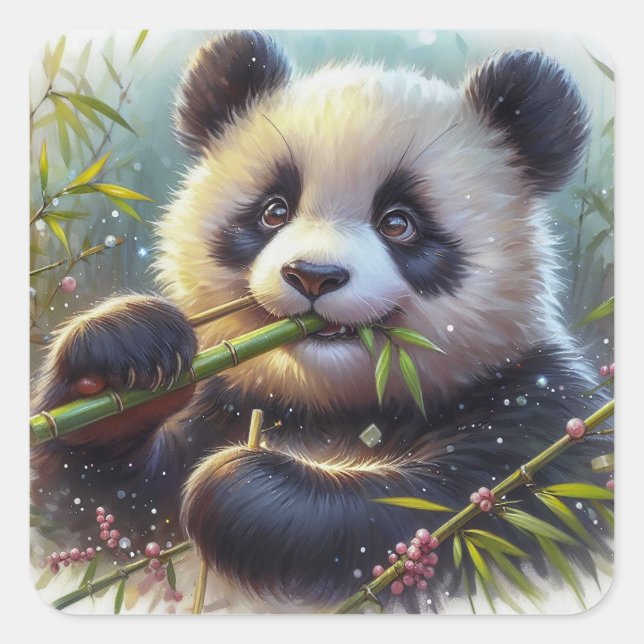 Adorable Panda Bären essen Bambus Quadratischer Aufkleber (Vorderseite)